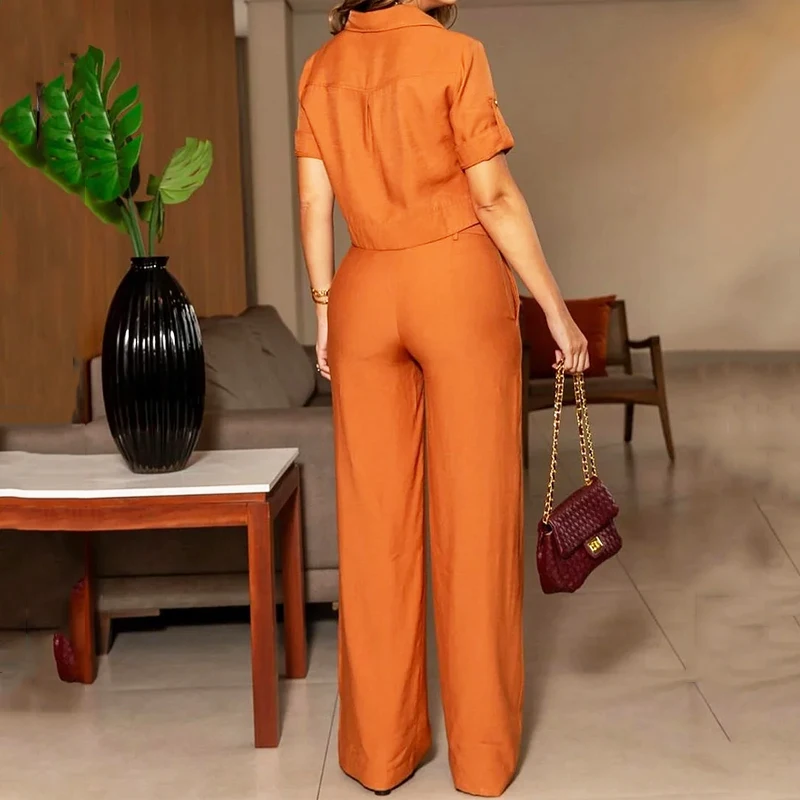 Conjunto Feminino Casual Camisa Cropped e Calça Pantalona