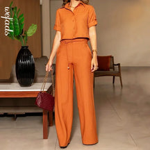 Conjunto Feminino Casual Camisa Cropped e Calça Pantalona